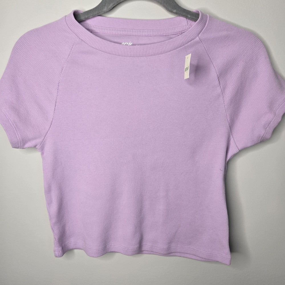 NWT Aerie Women's Purple Ribbed Knit Cropped Short Sleeve Shirt M Medium Spring